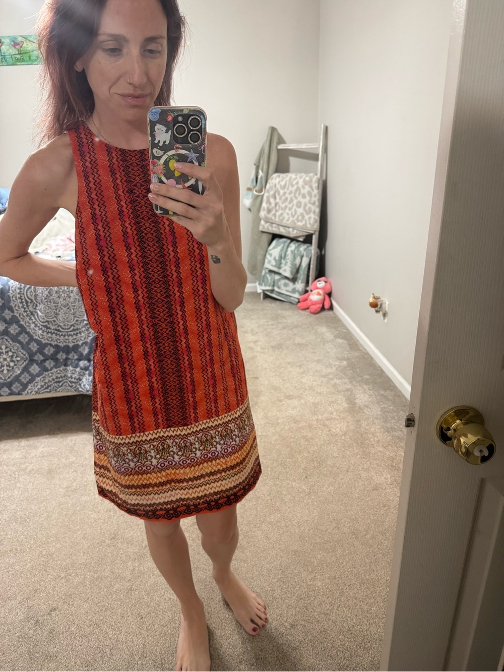 Orange and Red Patterned Mini Shift Dress